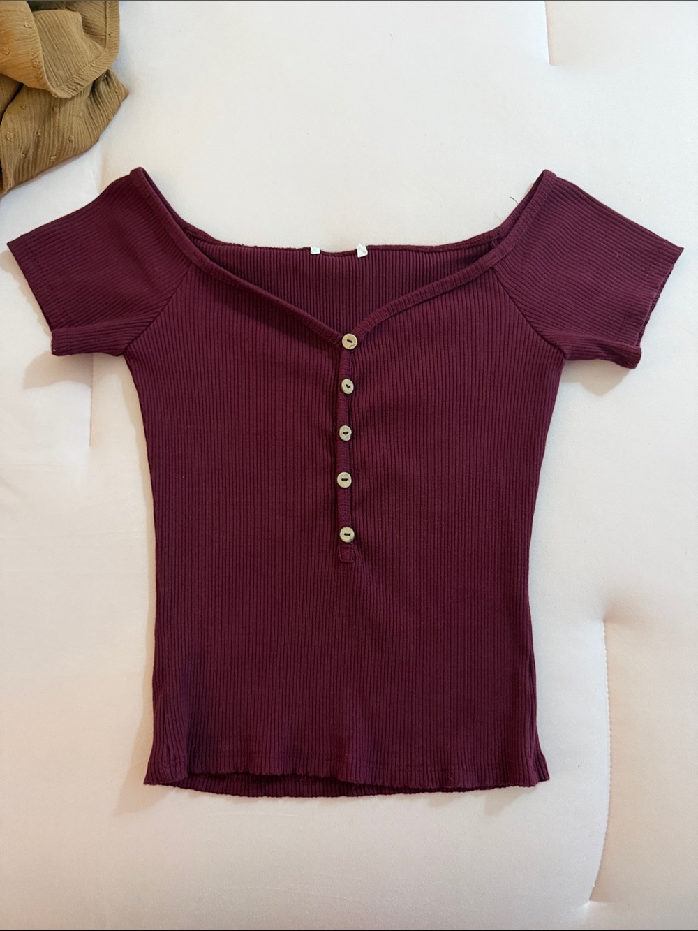 Off-Shoulder Ribbed Button-Front Women's Top in Burgundy